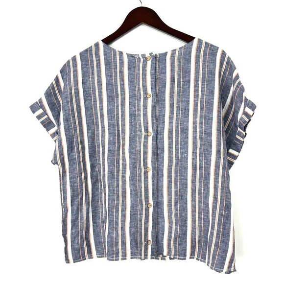 C&C California Womens Linen Shirt L Blue Monarch Striped Back Button Up Top T3 - Picture 5 of 12